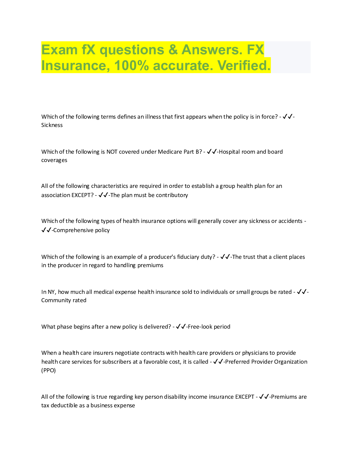 Preview image for Exam fX questions & Answers. FX  Insurance, 100% accurate. Verified.